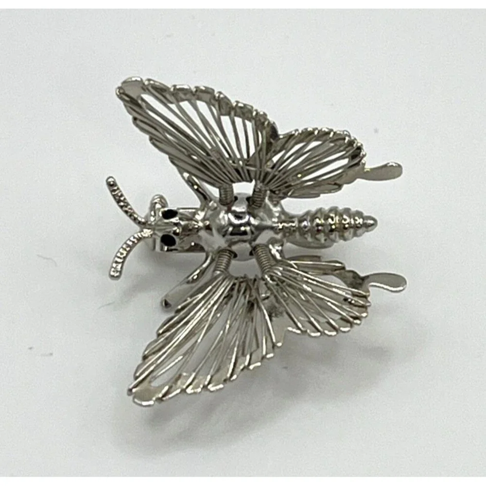 Vtg Articulated Butterfly Brooch Pin Kinetic Filigree Wings Silver Tone Moveable